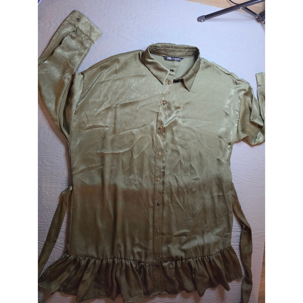 Zara Women XL Olive Green Satin Ruffle Hem Shirt Dress Long Sleeve Tie Waist